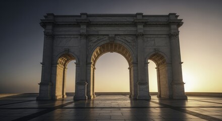 Obraz premium Grand Marble Triumphal Arch bathed in warm golden light at sunrise or sunset, showcasing classical architecture, intricate carvings, and long shadows on a paved plaza.