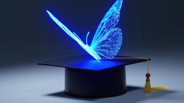 A glowing, digital butterfly hovers above a graduation cap