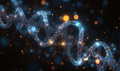 Glowing digital representation of a DNA double helix strand with bright blue and orange particles floating in a dark, blurred background expressing a futuristic and scientific atmosphere