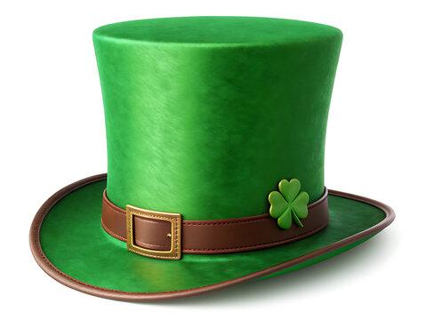 A green st patrick's day top hat with a brown band and gold buckle and a green shamrock on a white background