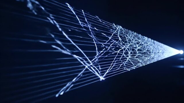 Seamlessly looping video of crisp white laser lines creating complex, intertwining abstract patterns design, intertwining abstract patterns, effect