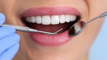 Fototapeta premium Close-Up of a Patient's Smiling Mouth with Dental Tools Ready for Oral Examination and Care