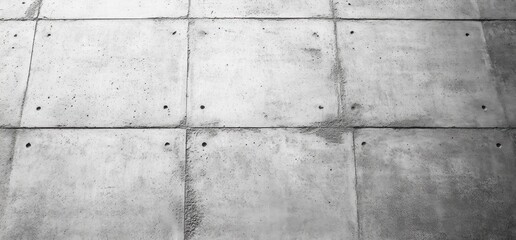 Monochrome close-up of a gray concrete wall with visible seams and small holes in each panel, showcasing rough texture and industrial feel