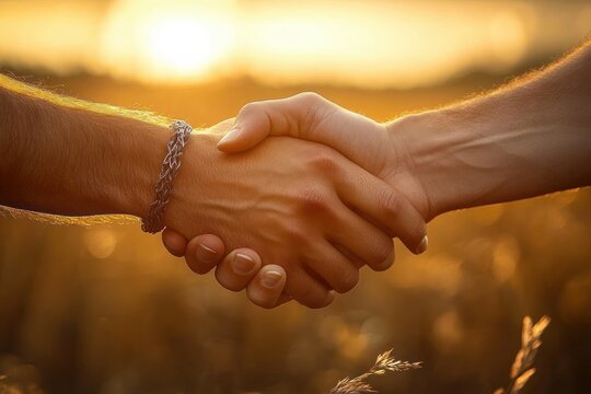 Two people shaking hands outdoors during golden hour with warm sunset lighting and natural blurred background