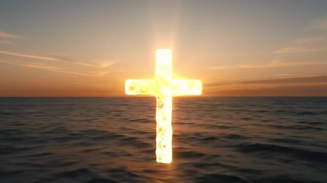 Golden cross glows over tranquil ocean at sunset.