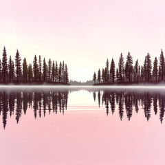 Obraz premium A calm lake at dawn, its surface perfectly mirroring a soft pastel sky in hues of blush pink and lavender. Delicate fog drifts in wispy tendrils above the water, blurring the line between reality and 