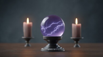 Mysterious Crystal Ball with Lightning Effect Surrounded by Lit Candles for Fortune Telling and Divination