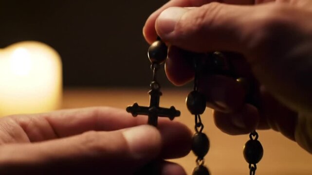 Close-up of hands holding a rosary with a cross, in a dimly lit setting, likely during prayer.