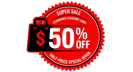 Super sale clearance discount label, half price special offer, save 50% off now, shop today