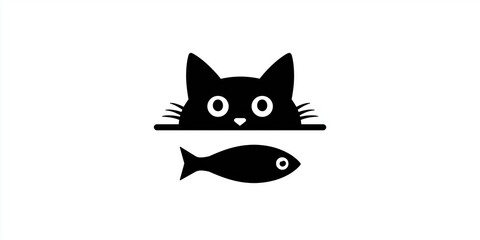 Fototapeta premium Simple vector icon of a cute cat peeking behind a fish on a plate, black and white minimalist cartoon style illustration, isolated on white background for logo, symbol or design element