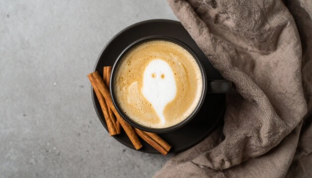 Halloween coffee with ghost foam art - Powered by Adobe