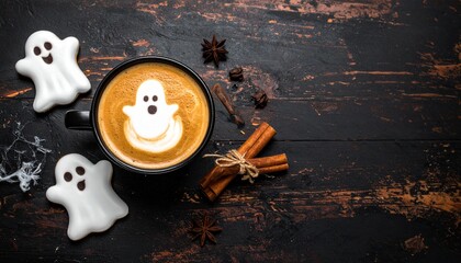 Halloween coffee with ghost foam art