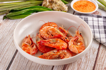 Delicous boiled tiger prawn with sauce