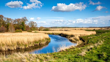 River meandering through reeds under a bright sky