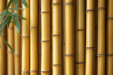 Close-up view of multiple vertical yellow bamboo stalks with natural nodes and a few green leaves on the side, evoking a calm and natural atmosphere