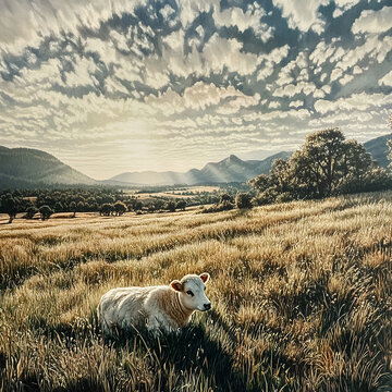 High-altitude meadow with clouds rolling over distant peaks, soft lighting and cool-toned green grass underfoot.