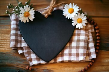 Black wooden heart-shaped board decorated with three white daisies on a brown and white checkered cloth placed on a rustic wooden surface with a beaded necklace