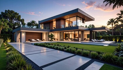 Modern Luxury Home Exterior at Twilight with Garden and Pathway Contemporary Design Architecture Featuring Clean Lines Large Windows and Warm Interior Lighting Reflecting on Lush Greenery