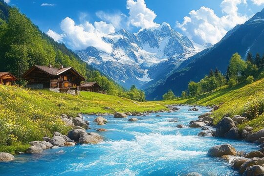 Peaceful mountain landscape with rushing blue river, green grassy fields, wooden cabins, and snowy peaks under a bright blue sky with fluffy clouds - Powered by Adobe