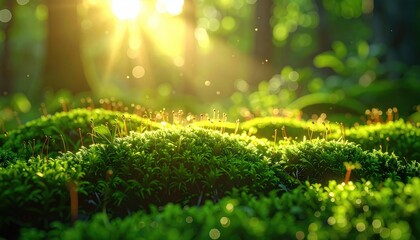 Sunlit Forest Floor with Lush Green Moss in Macro Detail Glowing Golden Hues Woodland Scene Sharp Focus Bright Ambient Light Woodland Ambiance