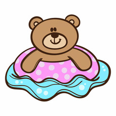 Adorable Brown Teddy Bear Enjoying a Refreshing Swim in a Pink Polka Dot Inflatable Ring Floating on Blue Wavy Water With Light Blue Bubbles Adding to the Playful Summer Scene Illustration	