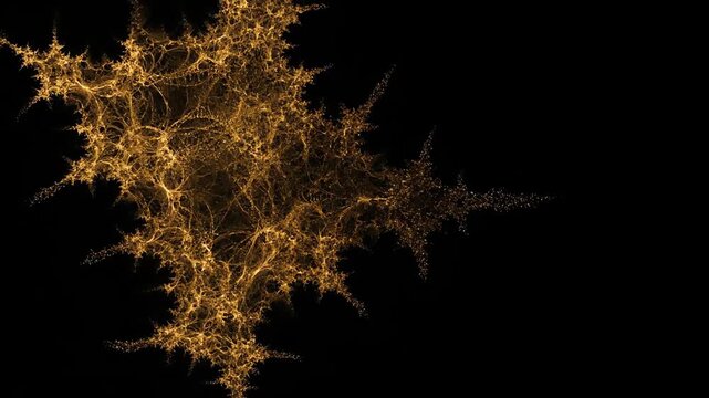 Seamlessly looping video of intricate golden fractal particles slowly forming and dissolving in an elegant, complex pattern design, particles, complex pattern
