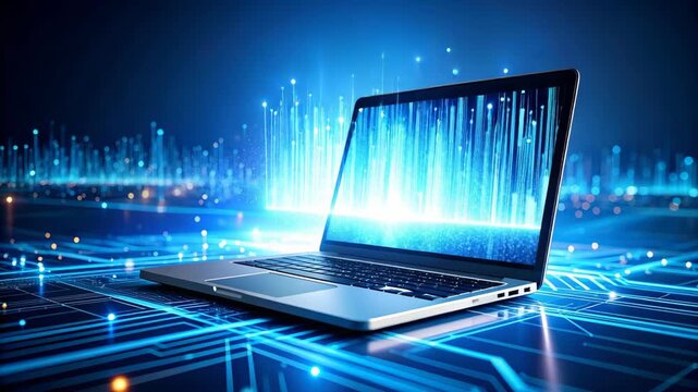 Laptop connected to digital network with glowing blue streams and circuit board texture for data transfer visualization.