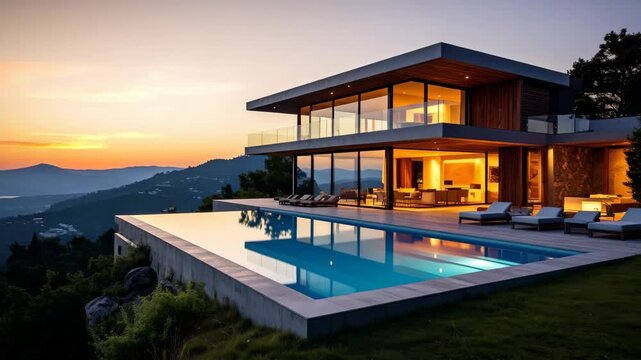 Luxury villa with infinity pool overlooking mountain landscape during sunset with deck chairs on the terrace and modern architecture.