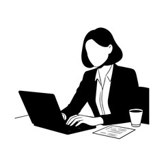 Black and white line art of a beautiful successful career woman working at desk with laptop illustration