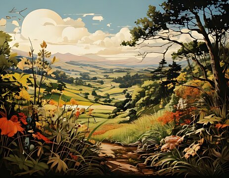 Colorful landscape painting of a valley. Lush foliage and rolling hills under a serene sky