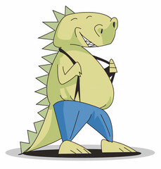 A cartoon illustration of a friendly green dinosaur wearing blue pants and suspenders with a wide grin showing its teeth and a spiky tail	