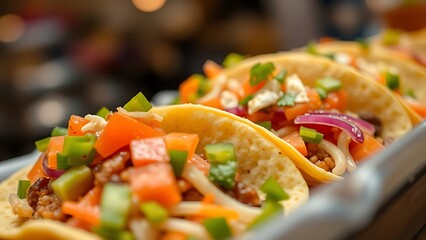 Close-up of vibrant street food tacos with fresh toppings, showcasing appetizing textures and colors.