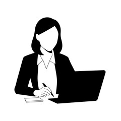 Black and white line art of a beautiful successful career woman working at desk with laptop illustration