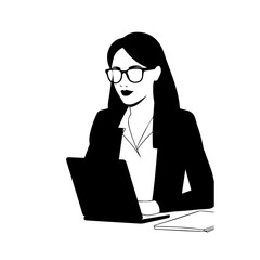 Black and white line art of a beautiful successful career woman working at desk with laptop illustration