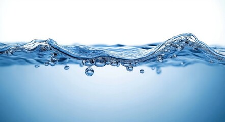 Close-up view of clear blue water surface with bubbles and gentle waves captured against a bright background