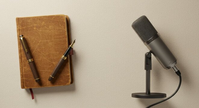 Professional Microphone with Vintage Leather Journal and Fountain Pens
