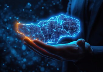 Glowing digital map hologram of a region with intricate network lines held above an outstretched hand, depicting advanced technology and futuristic data visualization with blue and orange highlights
