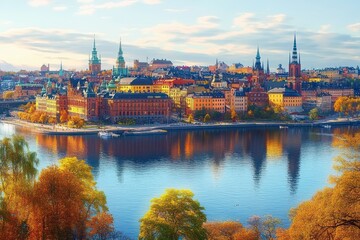 Scenic cityscape of historic buildings and colorful autumn trees reflecting in calm river water under a partly cloudy sky