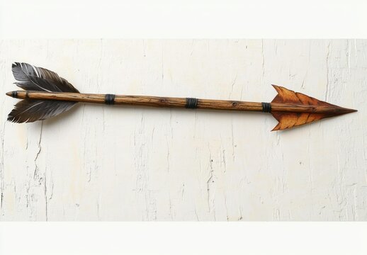 Handcrafted wooden arrow with dark feather fletching and pointed carved tip displayed against rough textured white surface - Powered by Adobe