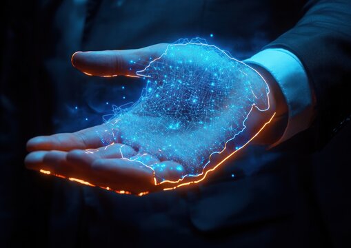 Close-up of a businessman's hand holding a glowing blue digital hologram of the African continent with interconnected network nodes representing technology and connectivity