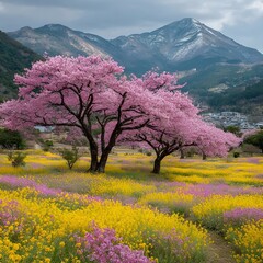　桜と菜の花が織りなす武雄の里の春景色。
