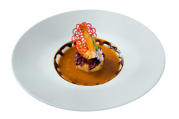 Gourmet Dish on a Plate: A top-down shot showcases a beautifully plated gourmet dish, an edible work of art showcasing the culinary excellence of a culinary artist.