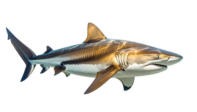 A detailed side view of a captivating shark, showcasing its streamlined body and intricate patterns in a striking golden-brown and white color scheme.