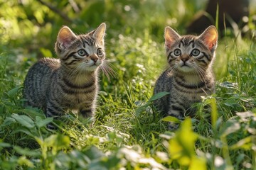 Two attentive tabby kittens sitting side by side on lush green grass surrounded by plants in soft sunlight