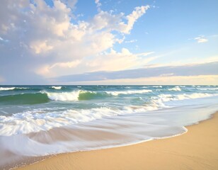 Obraz premium Tranquil ocean waves gently wash onto a sandy shore, highlighted by soft light and a beautiful sky filled with fluffy clouds.