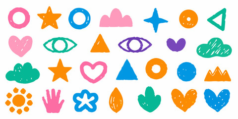 Collection of hand drawn colorful geometric shapes and icons on white background