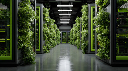 data center with eco-friendly servers and green power solutions, highlighting sustainability in IT infrastructure, reducing carbon footprints and promoting energy efficiency in modern computing