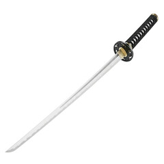 Japanese katana sword with black handle and silver blade on black samurai weapon isolated on a transparent background