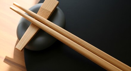 A pair of light brown bamboo chopsticks rests on a dark gray stone coaster, creating a simple, elegant composition.