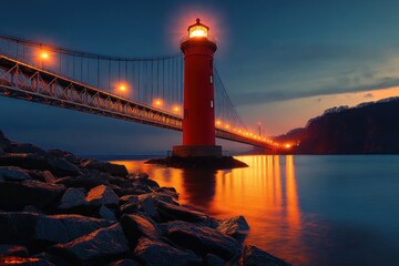 Red lighthouse glowing at dusk beside a lit suspension bridge over calm water reflecting warm lights with rocky foreground and dark silhouetted cliffs
